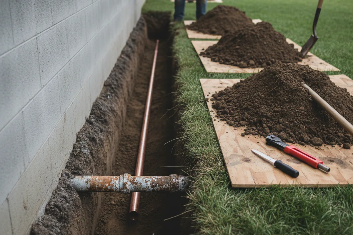 Excavated water line trench during Water Softener Installation in Centreville